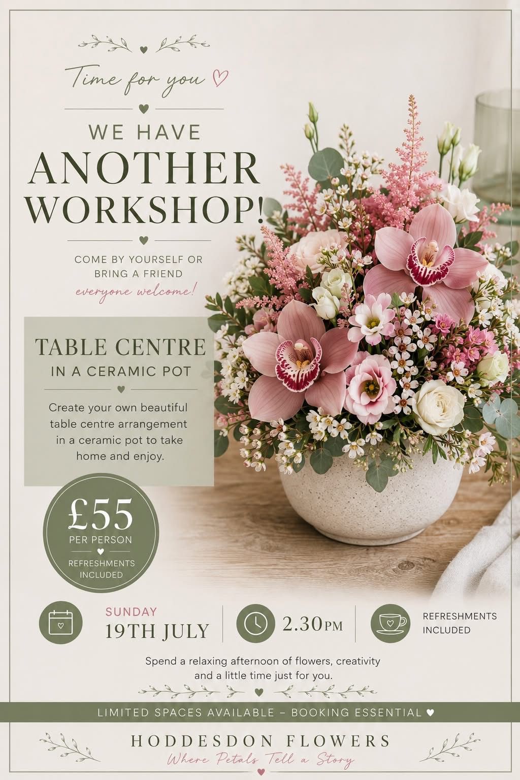 Flower Workshop – Table Centre in a Ceramic Pot (Sun 19th July, 2:30pm) £30 deposit online Remaining £25 on the day