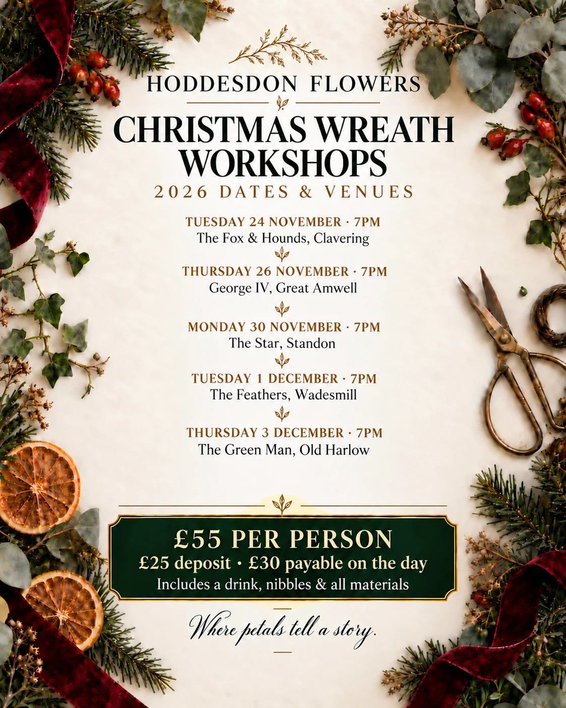 Christmas Wreath Workshops 2026 at Hoddesdon Flowers — five dates and venues across Hertfordshire and Essex. £55 per person, £25 deposit and £30 payable on the day, including a drink, nibbles and all materials.